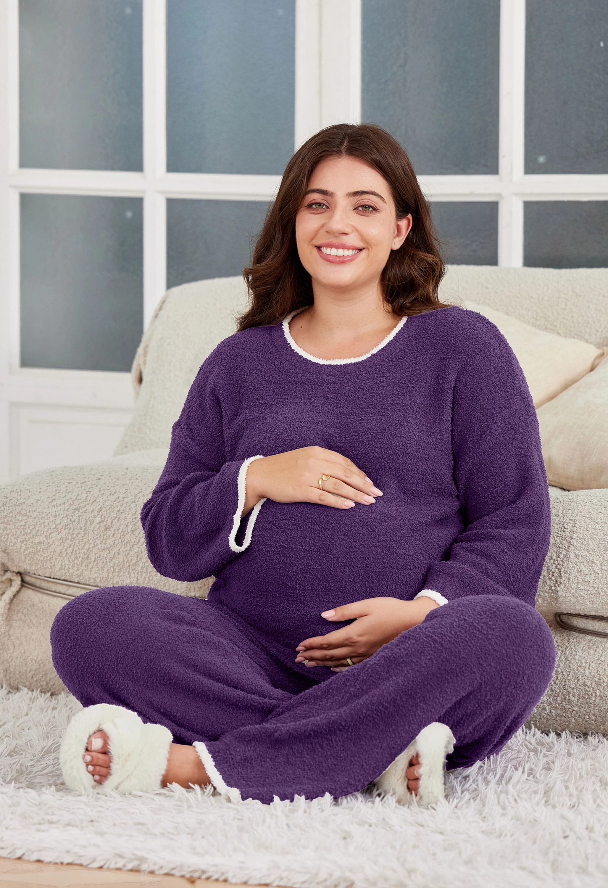 Women's Maternity Purple Pajamas Fleece Postpartum 2 Piece Lounge Set - Image 9