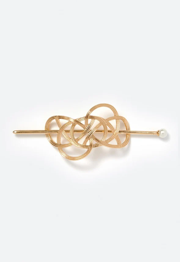 Anna Woven Ribbed Metal Hair Pin With Pearl Bead - Image 2