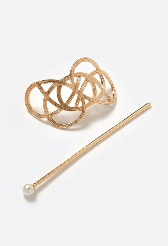 Anna Woven Ribbed Metal Hair Pin With Pearl Bead - Image 3