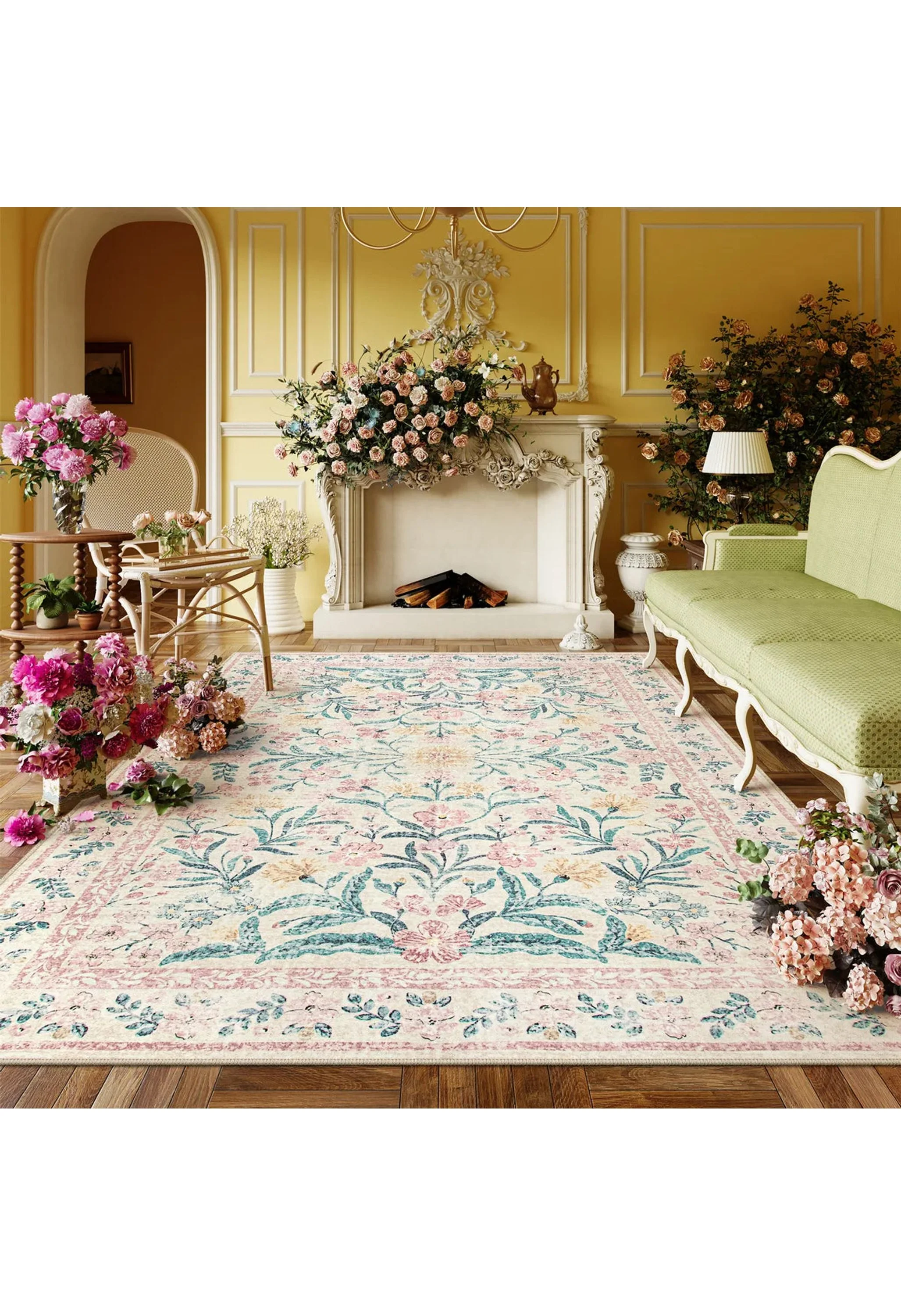 Sylvie Washable Boho Modern Parisian Garden Floral Pink Rug - Image 2