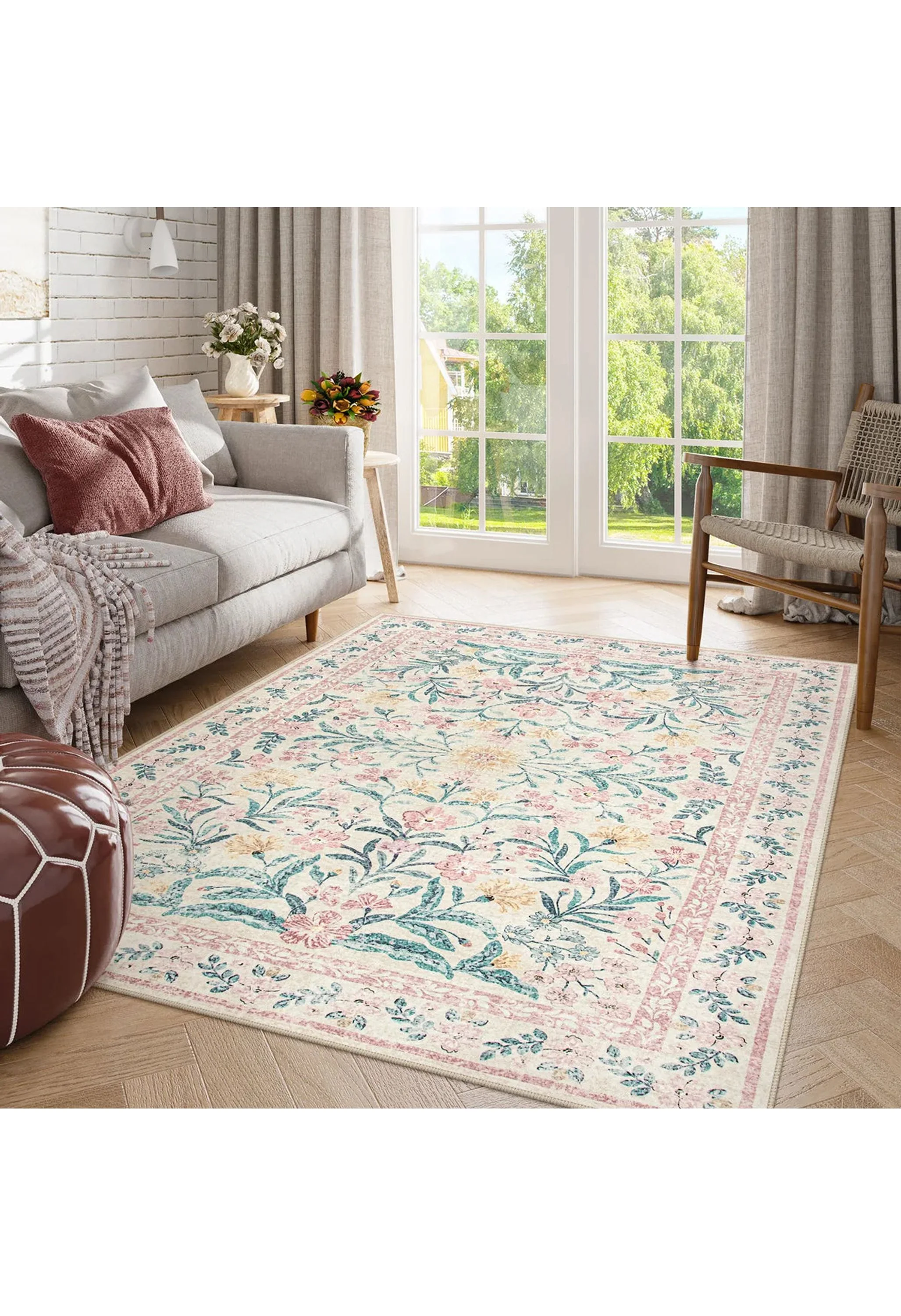 Sylvie Washable Boho Modern Parisian Garden Floral Pink Rug - Image 3