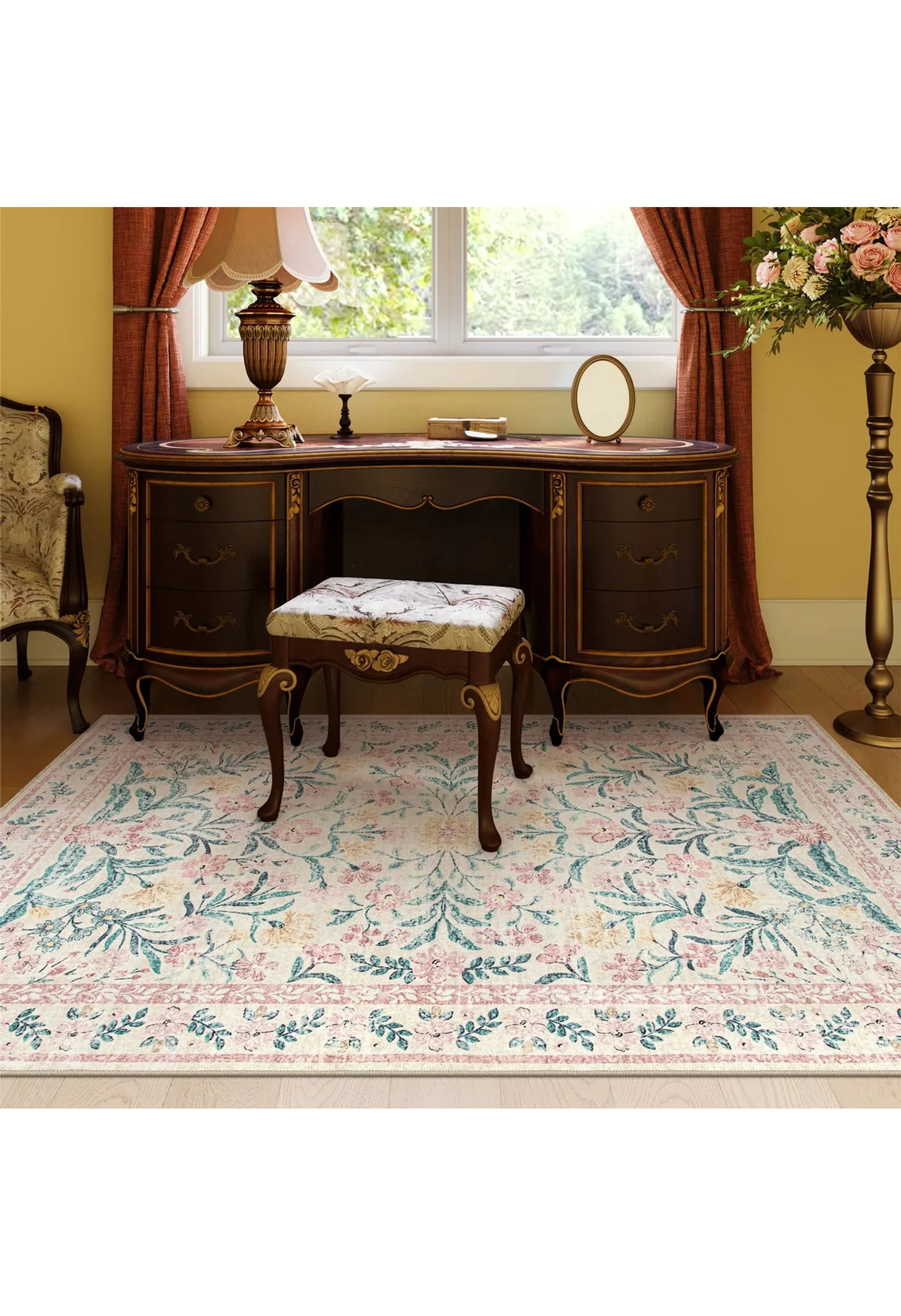 Sylvie Washable Boho Modern Parisian Garden Floral Pink Rug - Image 4
