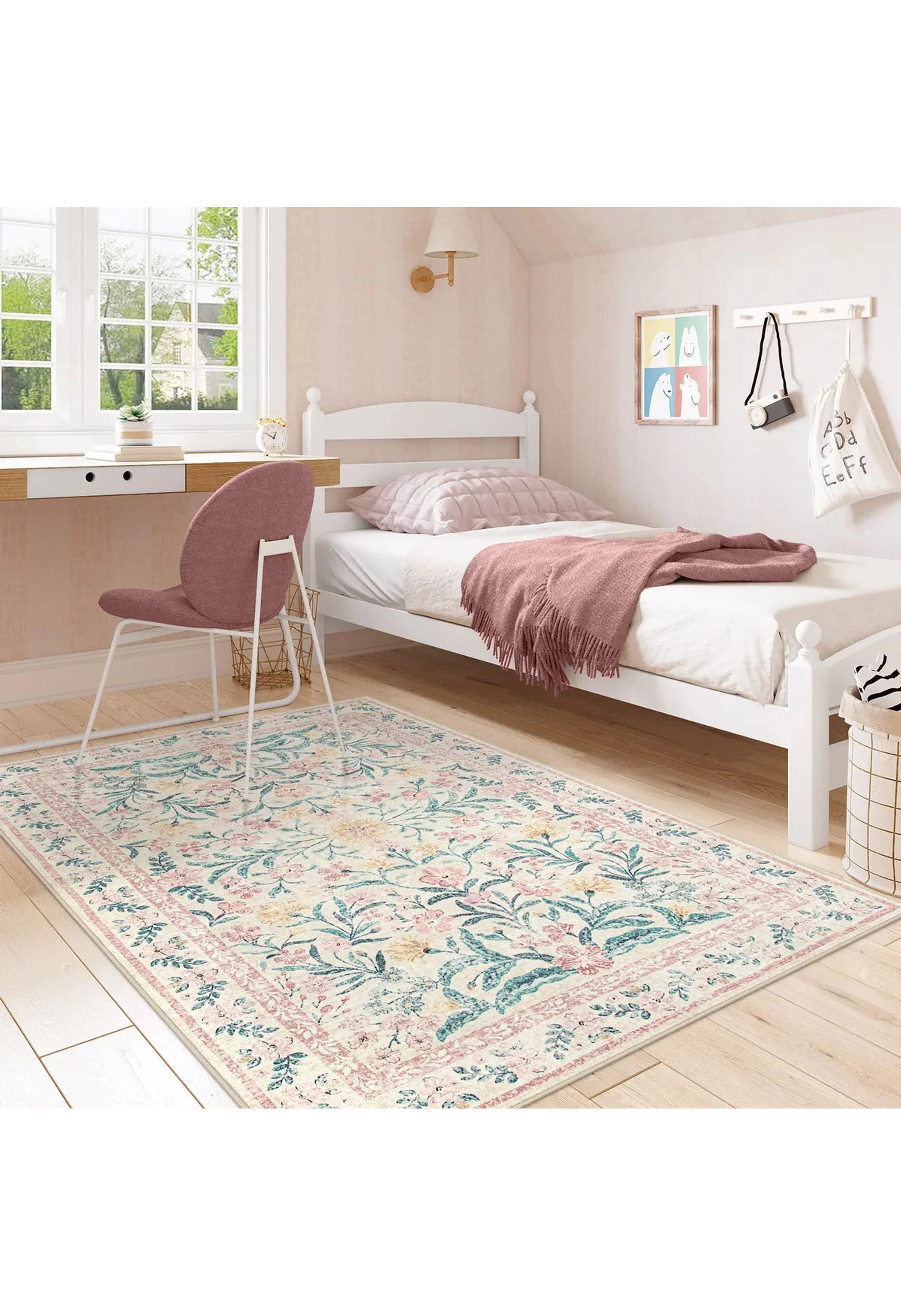 Sylvie Washable Boho Modern Parisian Garden Floral Pink Rug - Image 5