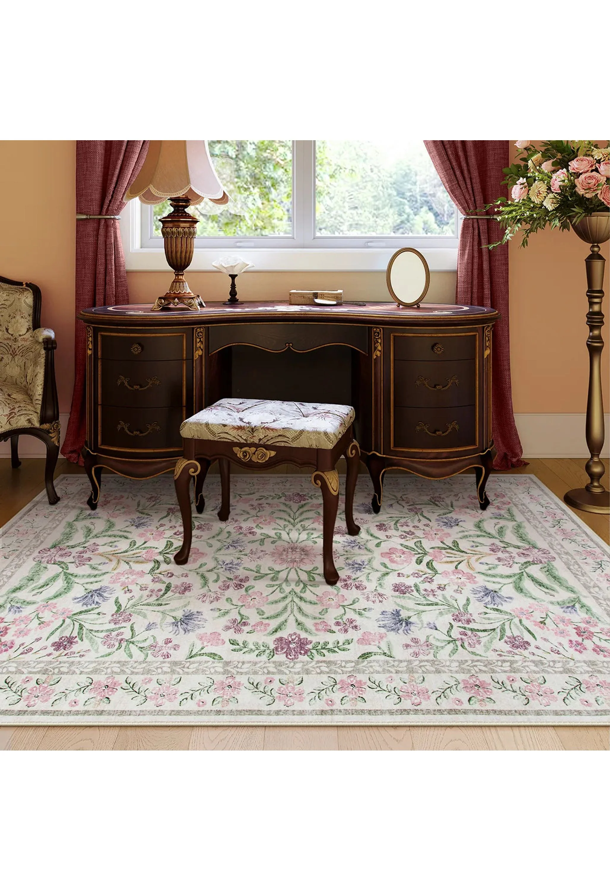 Sylvie Washable Boho Modern Parisian Garden Floral Purple Rug - Image 3