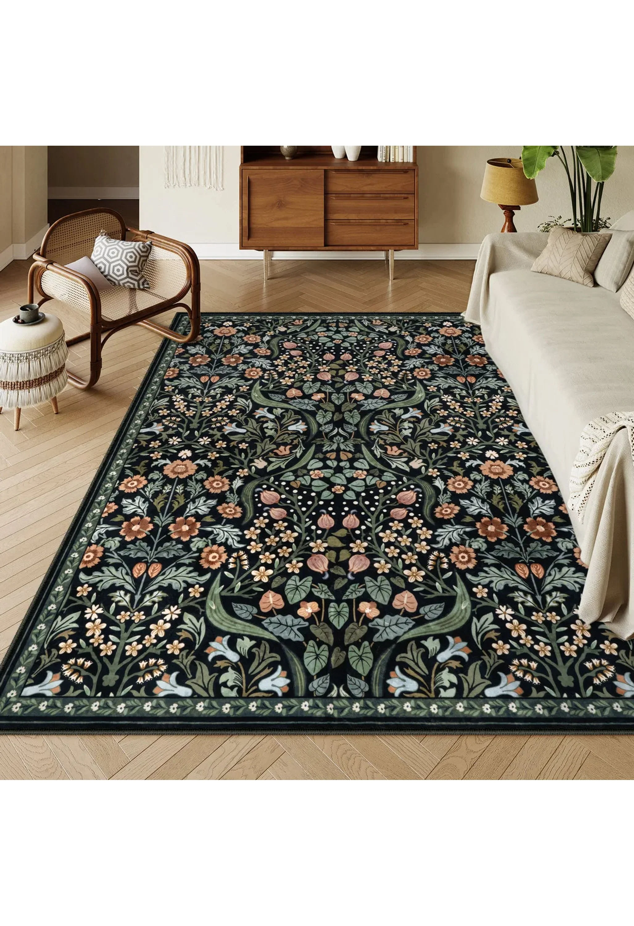 Claude Washable Maximalism Vibrant Blossom Floral Black Rug - Image 2