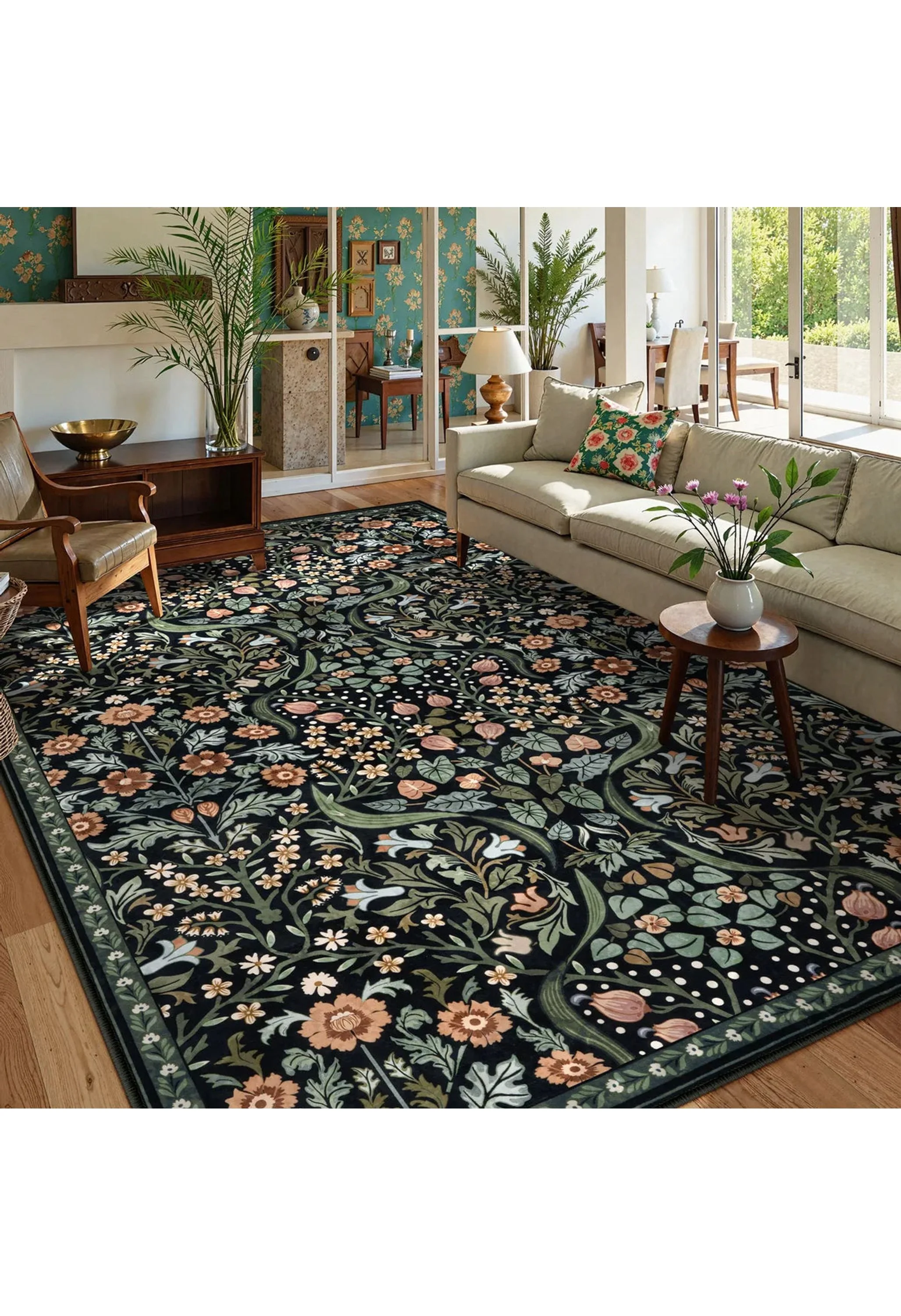 Claude Washable Maximalism Vibrant Blossom Floral Black Rug - Image 6
