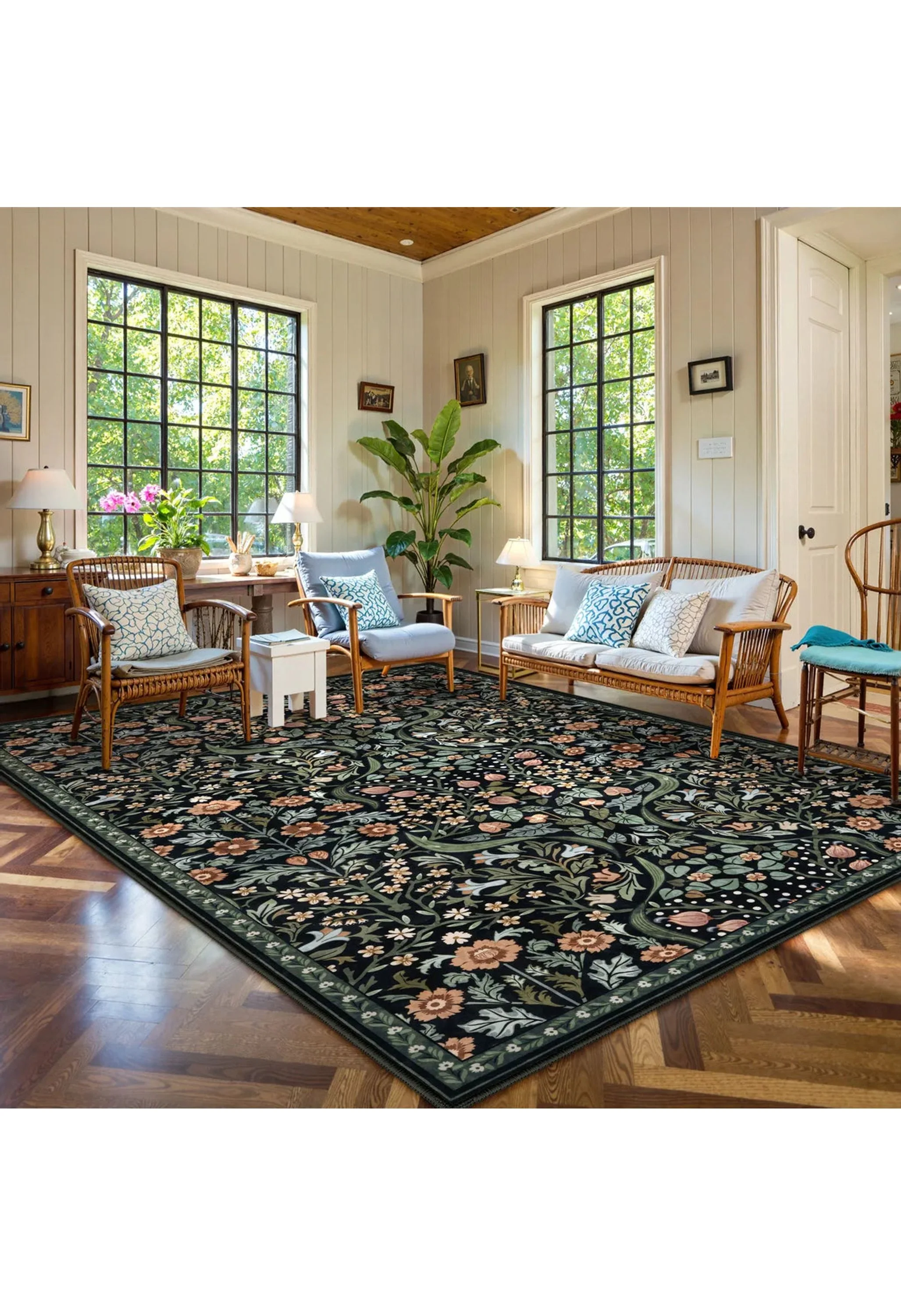 Claude Washable Maximalism Vibrant Blossom Floral Black Rug - Image 8