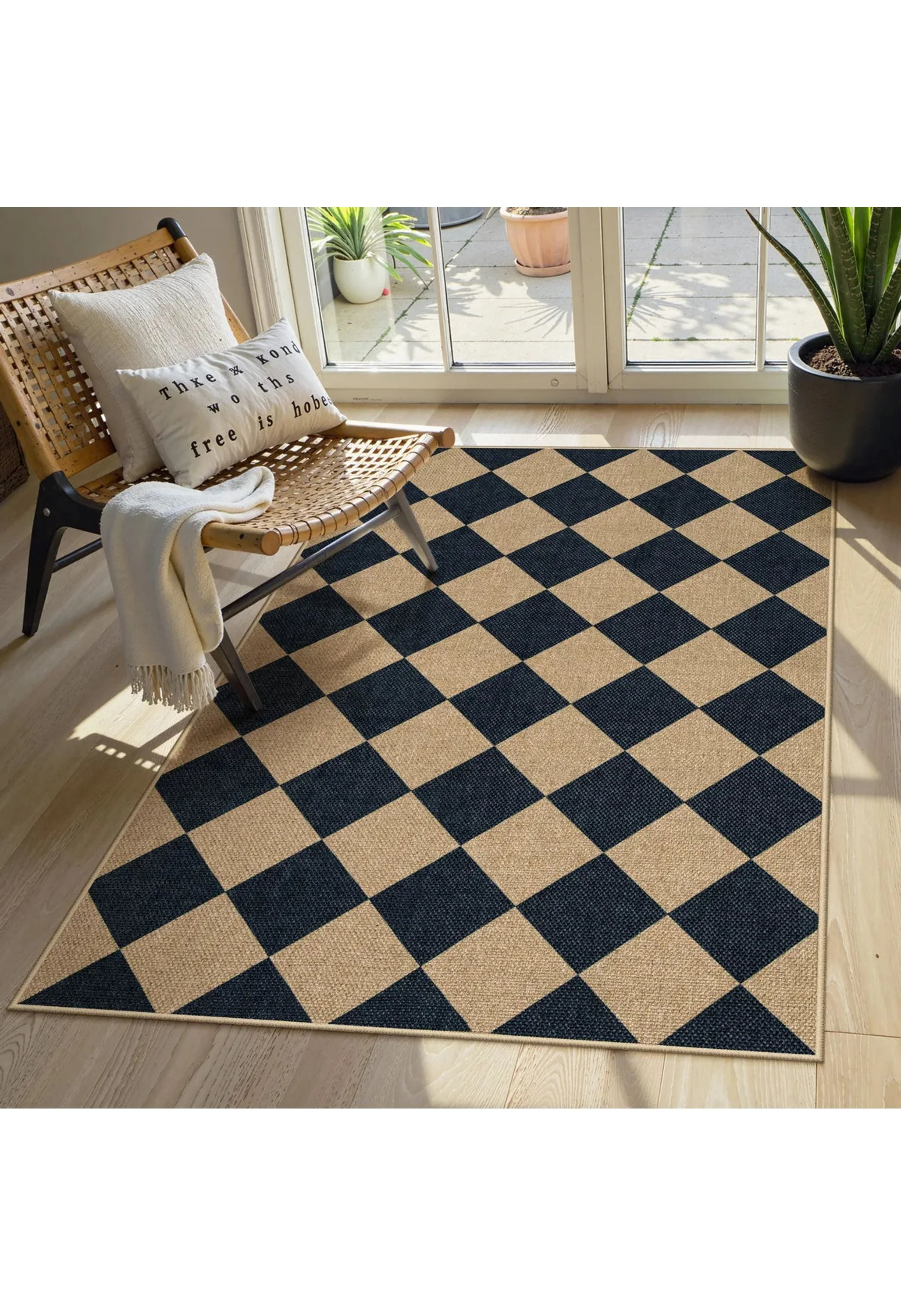 Coline Washable Geometric Checkered Easy Jute Black Indoor/Outdoor Rug - Image 3