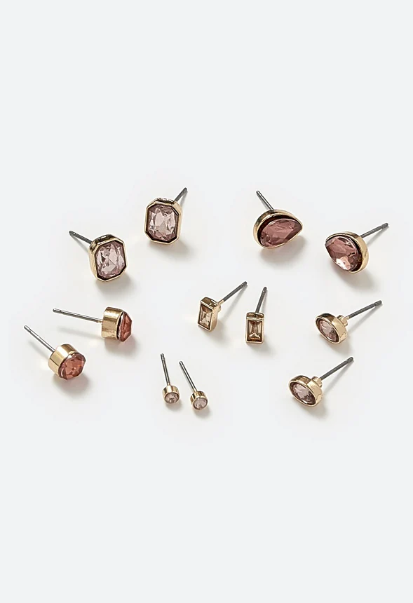 Arlet 6-Pairs Mixed Shape Glass Stud Earrings in Blush Tones - Image 3