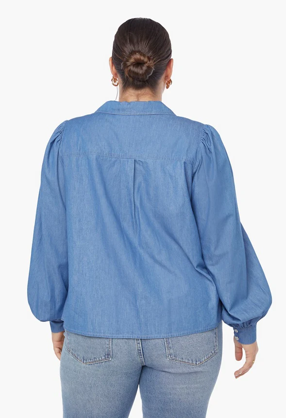 Plus Size Balloon Sleeve Chambray Shirt - Image 2