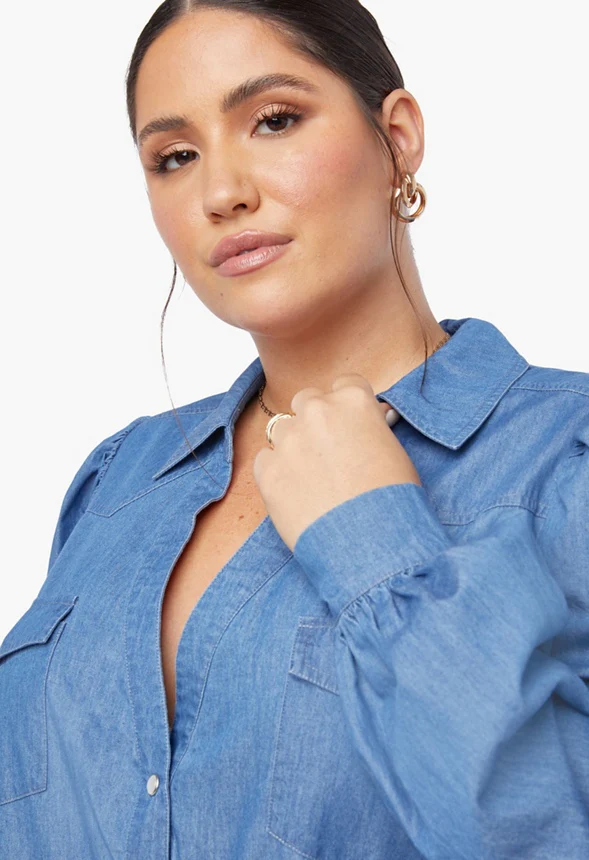 Plus Size Balloon Sleeve Chambray Shirt - Image 3