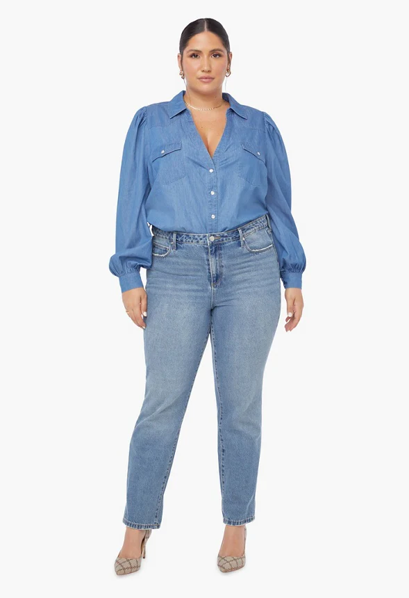 Plus Size Balloon Sleeve Chambray Shirt - Image 4