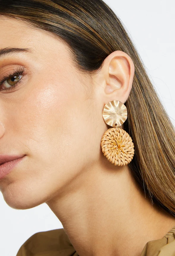 Bia Ribbed Metal And Raffia Double Disc Drop Earrings - Image 2