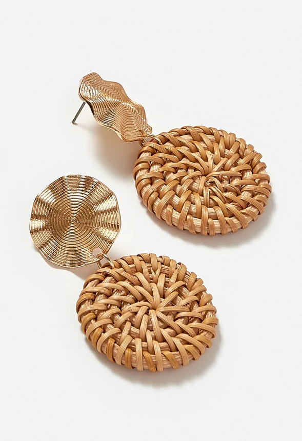 Bia Ribbed Metal And Raffia Double Disc Drop Earrings - Image 3