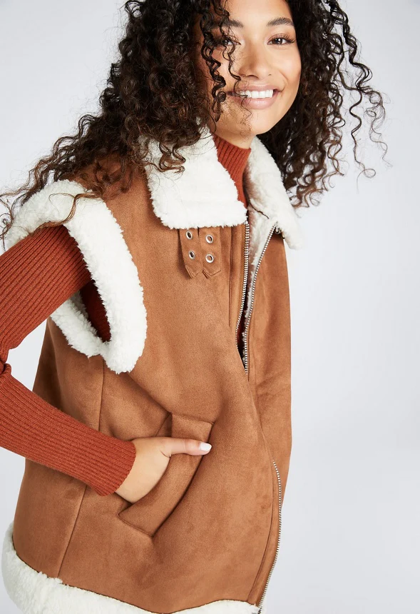 Bonded Faux Sherpa Suede Vest - Image 4