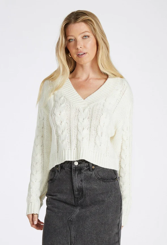 Boxy Crop Cable V-Neck Sweater