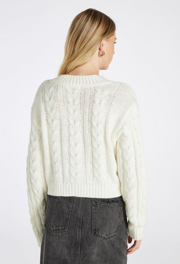 Boxy Crop Cable V-Neck Sweater - Image 2