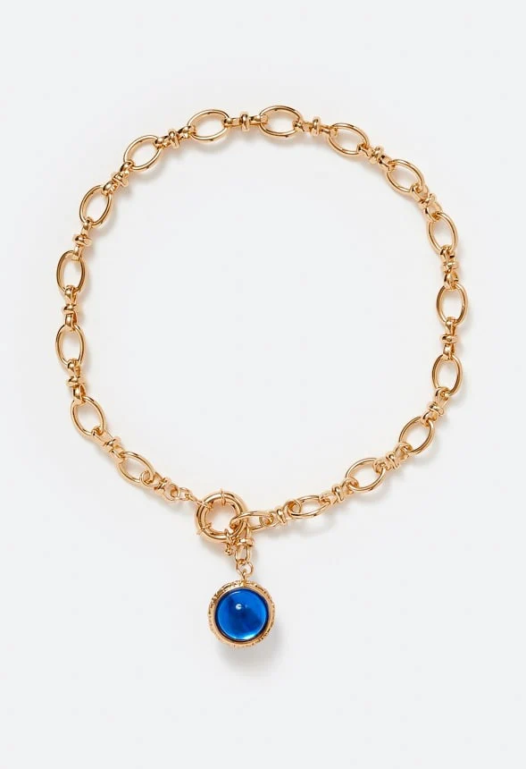 Bree Oval Link Chain Necklace With Glass Bead Drop - Image 2