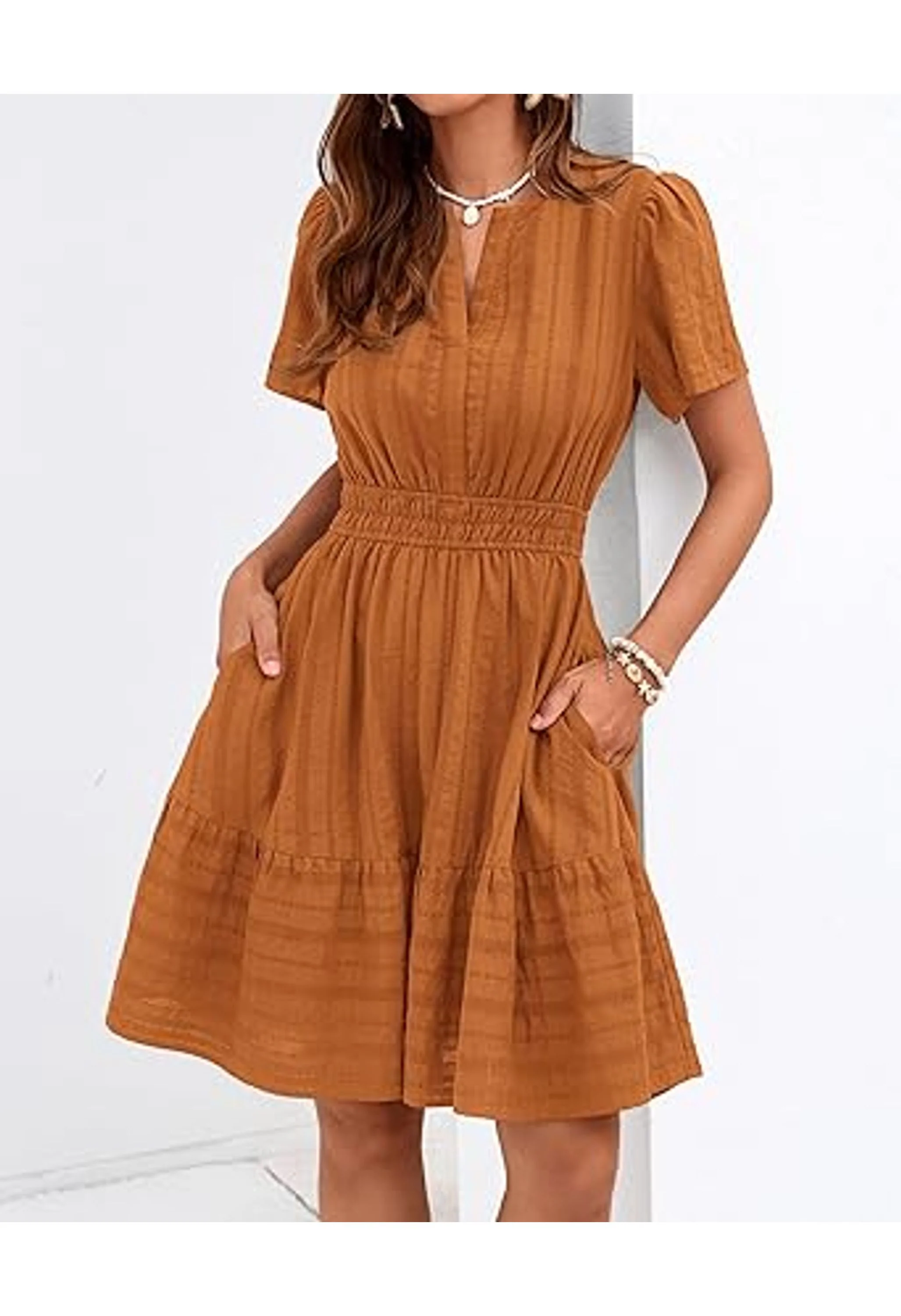 Women's Short Sleeve V Neck Boho Mini Dress - Image 2