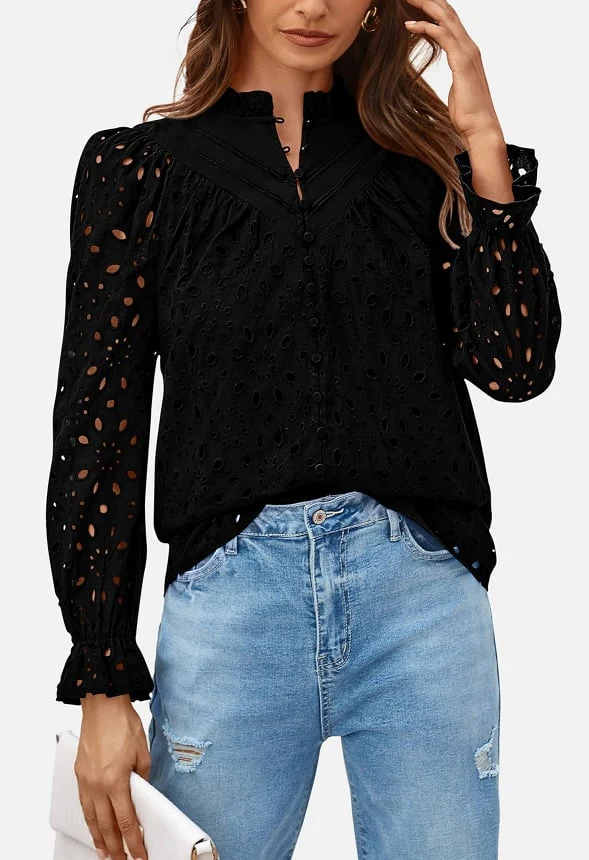 Button V Neck Long Sleeve Embroidered Blouse - Image 2