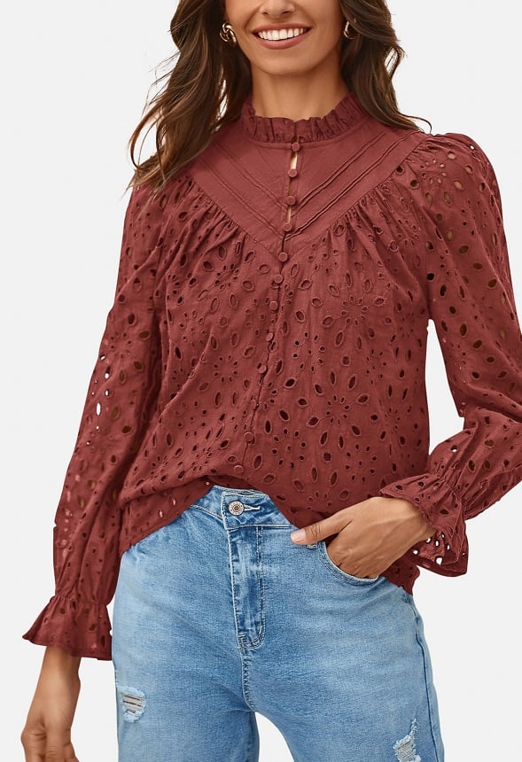 Button V Neck Long Sleeve Embroidered Blouse - Image 2