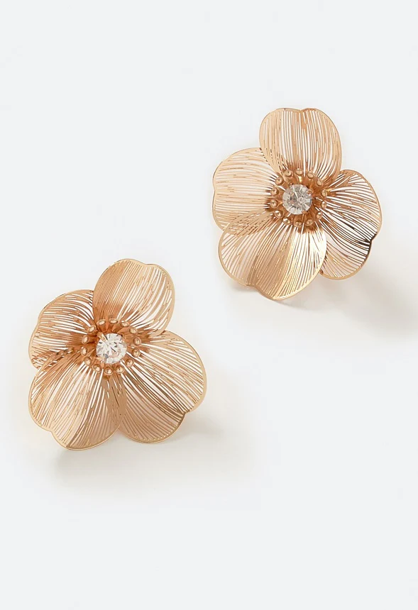 Cali Fine Brass & Glass 4-Petal Flower Stud Earrings - Image 3