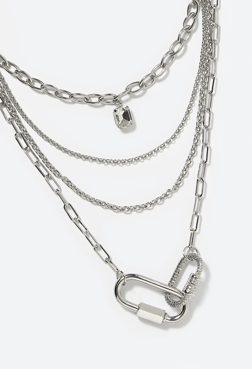 Carly 4 Row Mixed Chains Necklace With Link Detail - Image 4