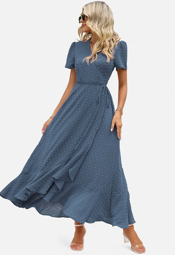 Casual V Neck Wrap Floral Maxi Dress - Image 3