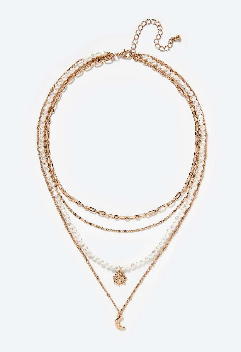 Ceri Pearl And Chain 4 Row Necklace With Moon Drop
