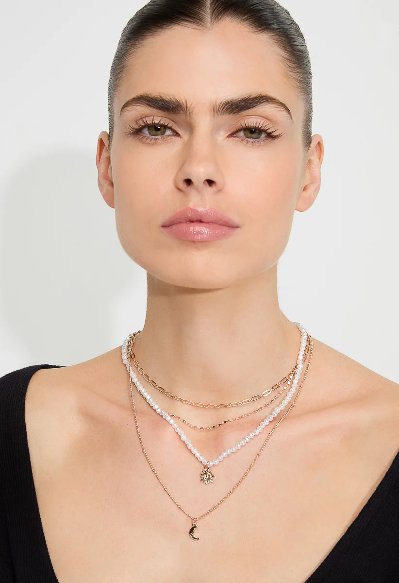 Ceri Pearl And Chain 4 Row Necklace With Moon Drop - Image 2