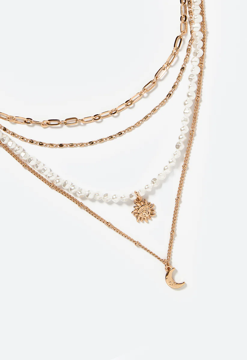 Ceri Pearl And Chain 4 Row Necklace With Moon Drop - Image 3