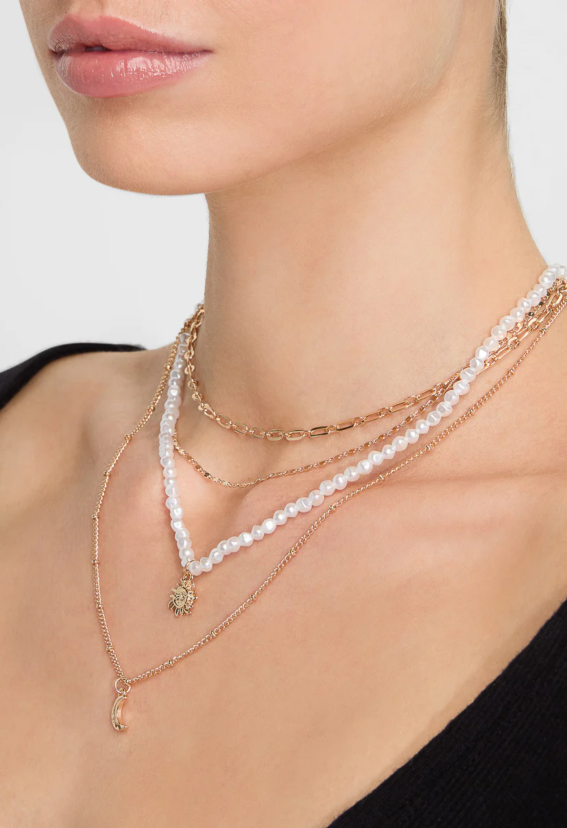 Ceri Pearl And Chain 4 Row Necklace With Moon Drop - Image 5