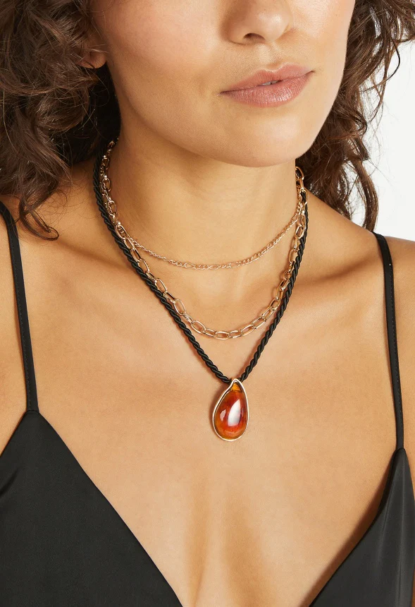 Charli 2 Row Necklace With Resin Teardrop On Cord - Image 2