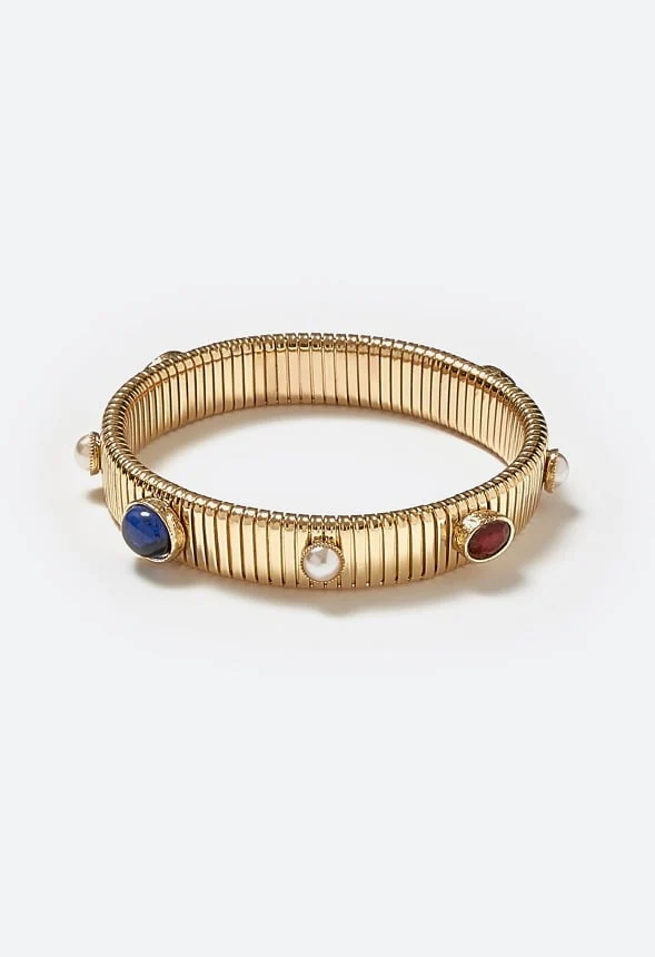 Cloe Multicolor Glass & Resin Stones Ribbed Stretch Bracelet