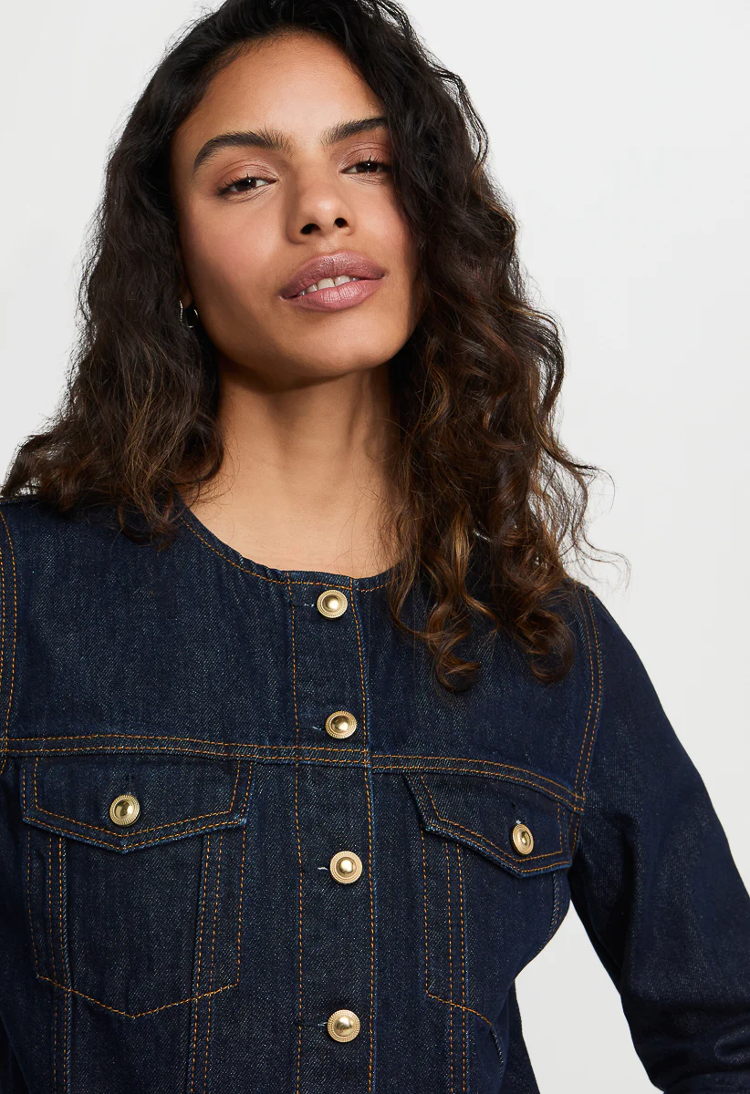 Collarless Denim Jacket - Image 4