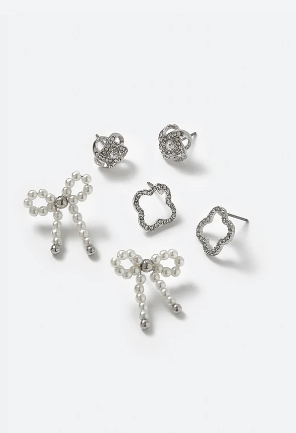 Cora 3 Pair Pack Clover Knot and Pearl Bow Stud Earrings - Image 3