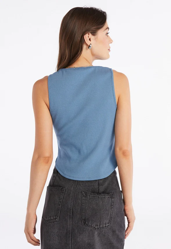 Cropped Curved Hem Ribbed Tank Top - Image 2
