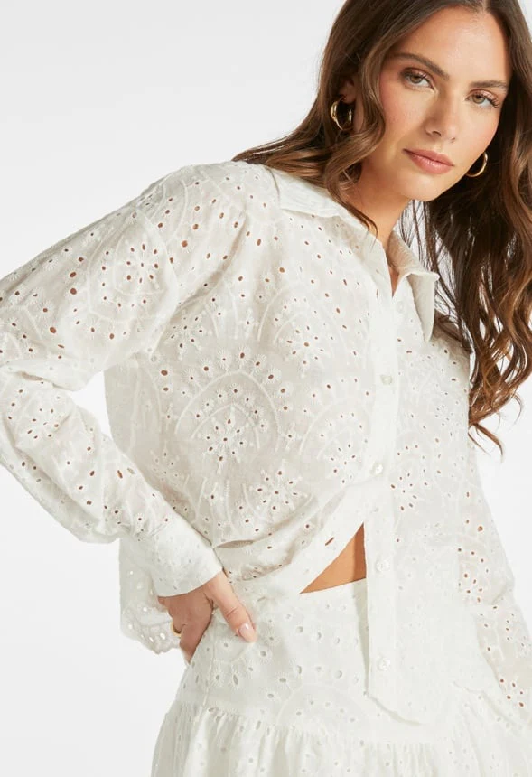 Eyelet Cropped Button Down Shirt - Image 5