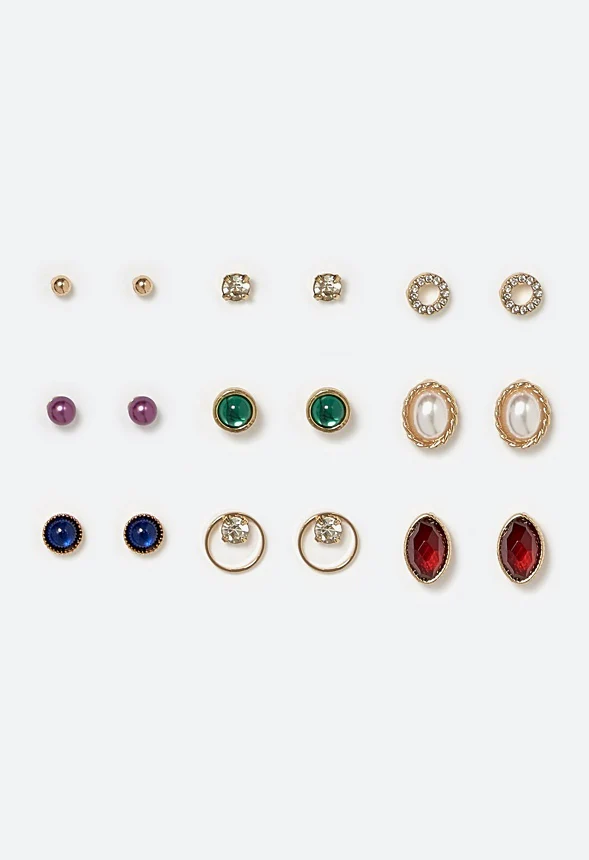 Dalia Multicolor Resin Stones 9 Pair Pack Stud Earrings