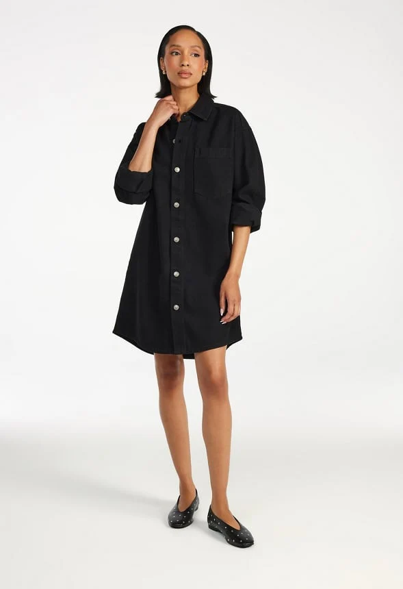 Denim Boyfriend Shirt Dress - Image 2