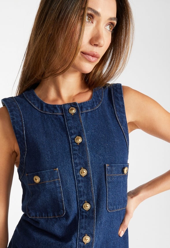 Denim Button Front Shift Dress - Image 3