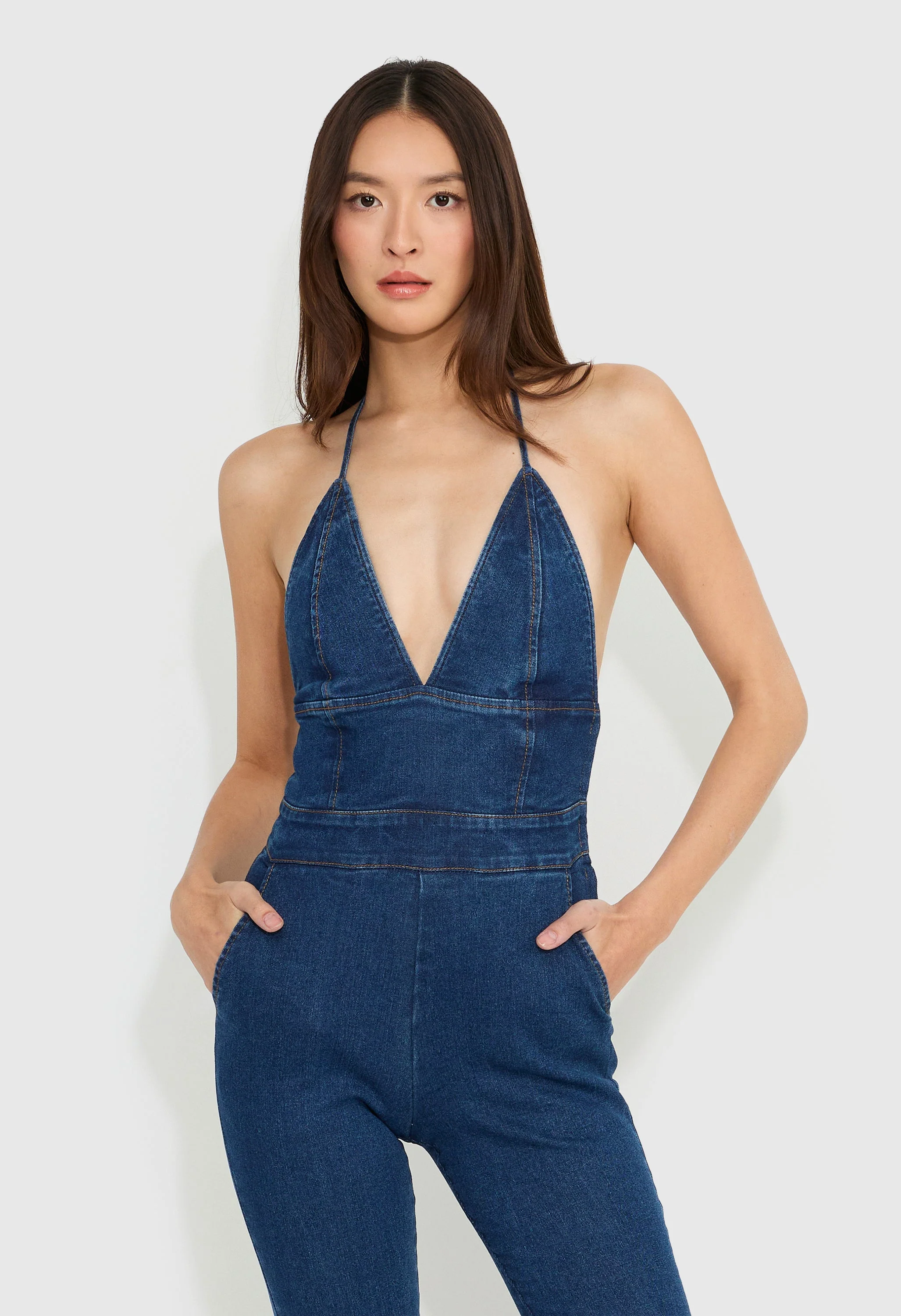 Denim Halter Jumpsuit - Image 2