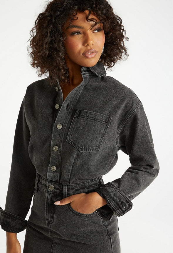 Denim Long Sleeve Mini Dress - Image 3