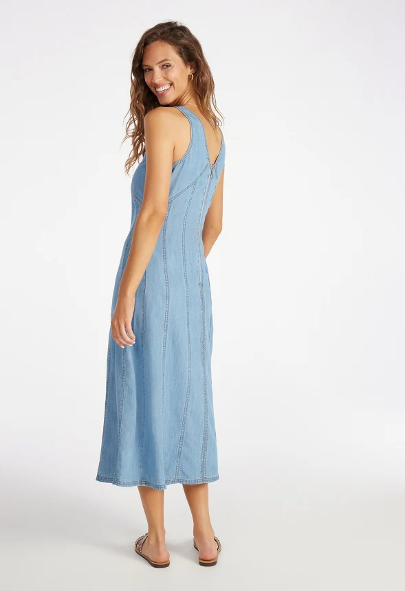 Denim V-Neck Midi Dress - Image 2