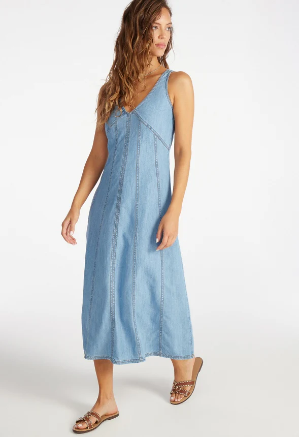 Denim V-Neck Midi Dress - Image 4
