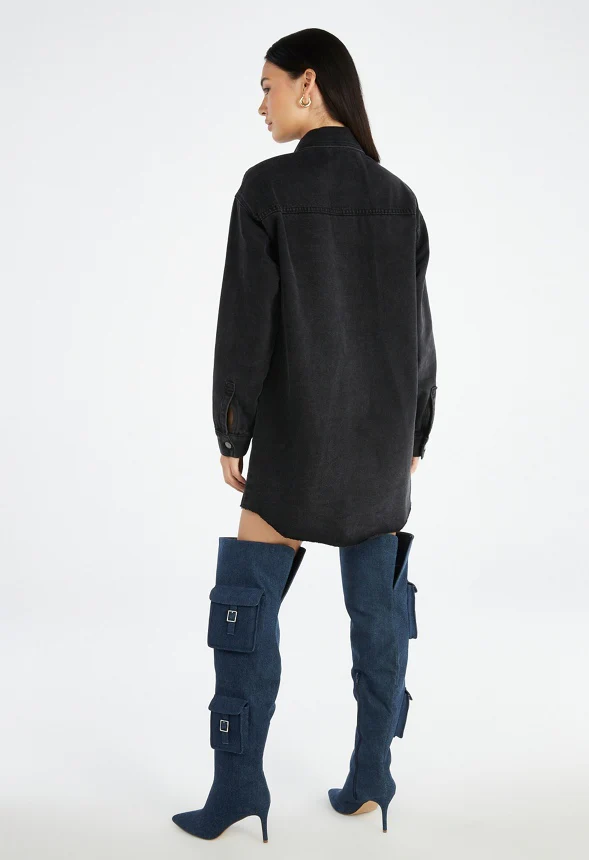 Distressed Denim Mini Shirt Dress - Image 2