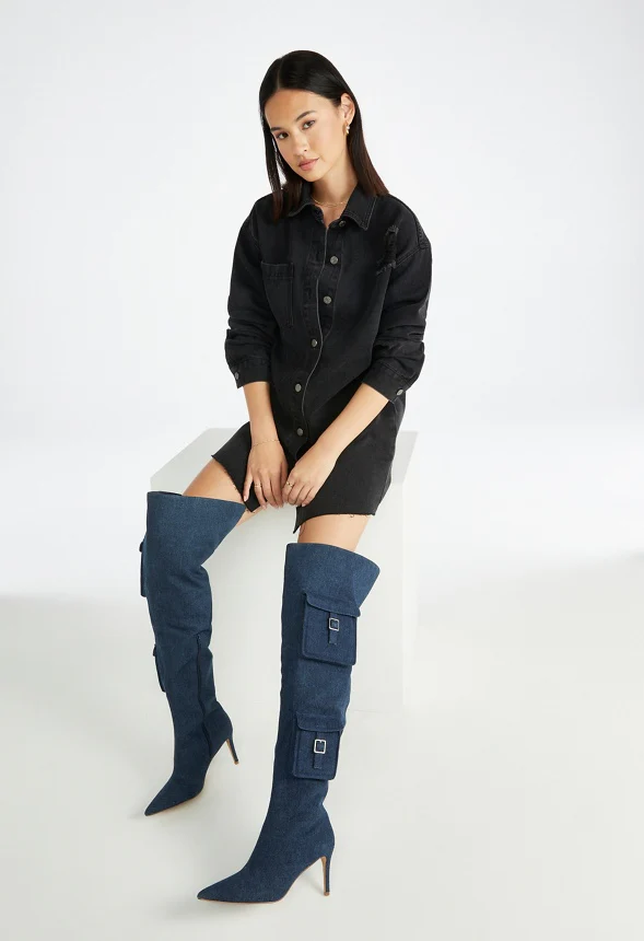 Distressed Denim Mini Shirt Dress - Image 3