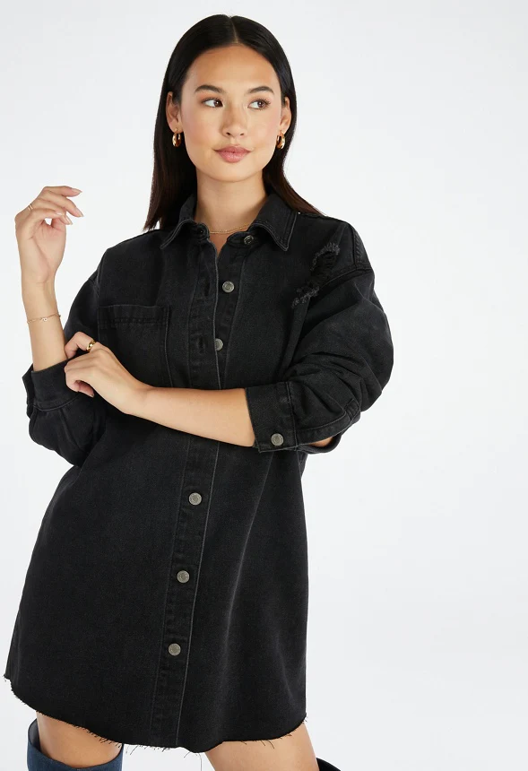 Distressed Denim Mini Shirt Dress - Image 4
