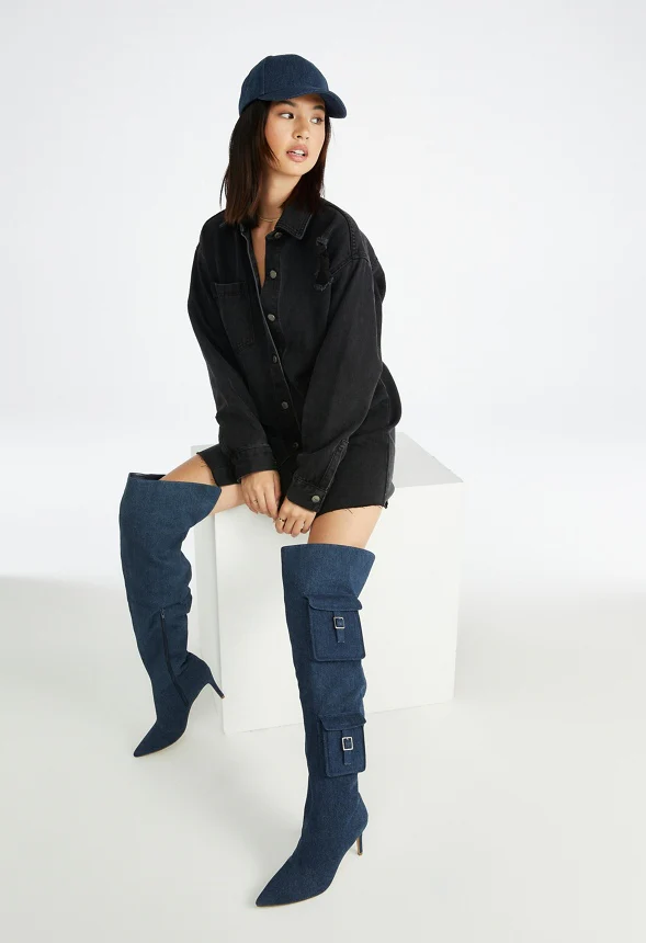 Distressed Denim Mini Shirt Dress - Image 6