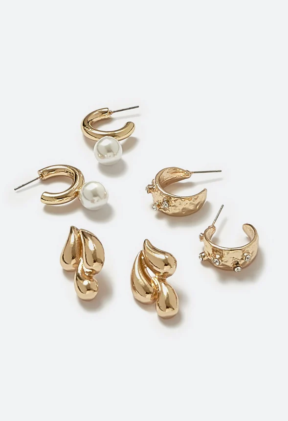Dori 3 Pairs Pack Glass Pearl & Stones Hoops With Molten Drop Earrings - Image 3